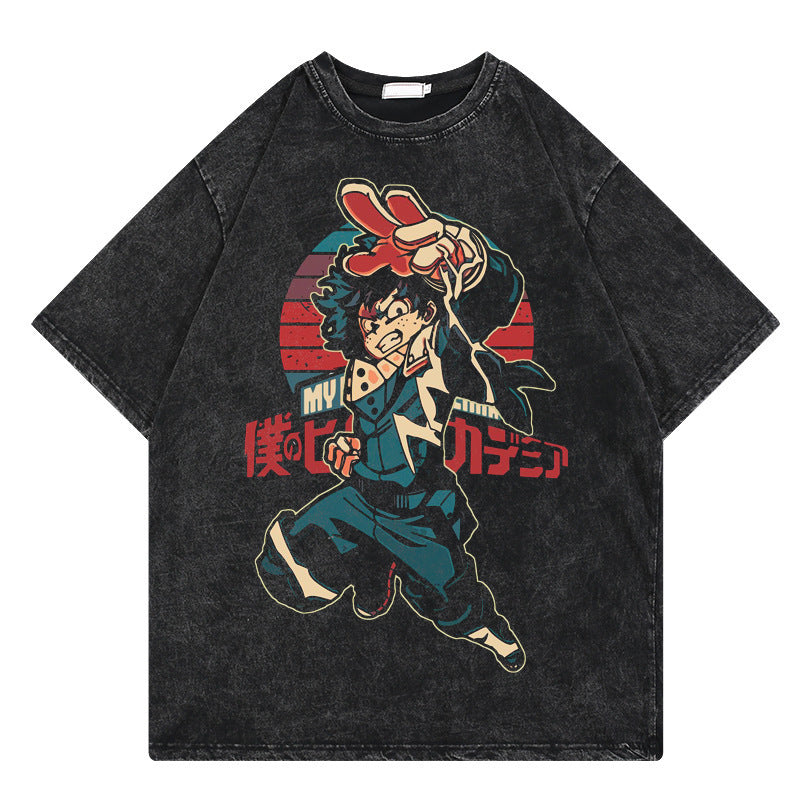 Washed retro T-shirt street print cotton short sleeves