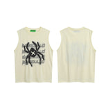 Men Vest Vintage Spider Print Suede Sleeveless T-shirt