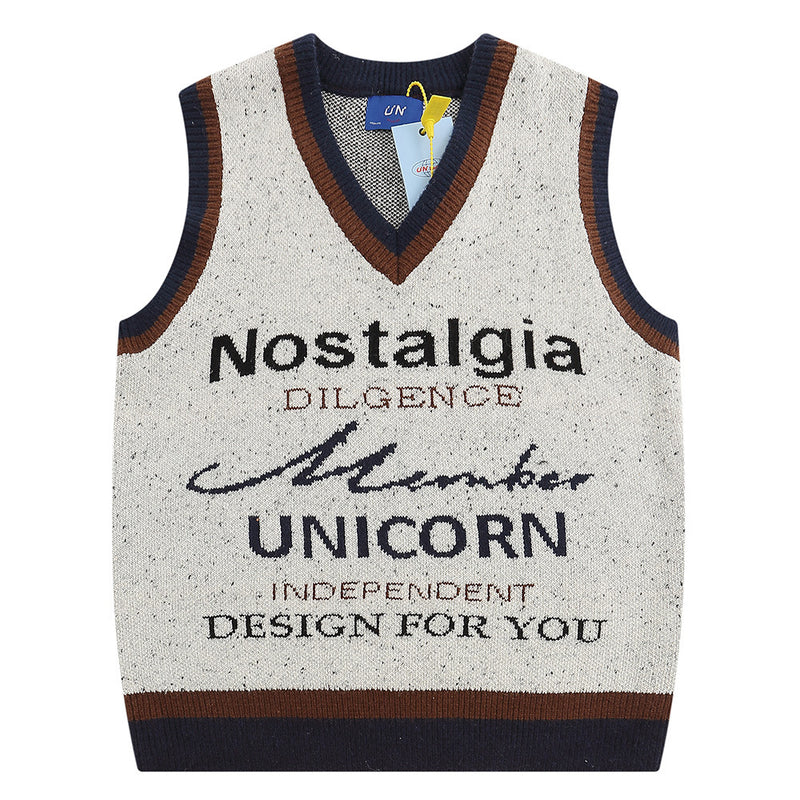 Men Vest Autumn and Winter Sleeveless Vest Men's Loose V-neck Letter Color Matching Knitted Vest