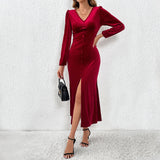 Women Dress V-neck Slit Sheath Skirt