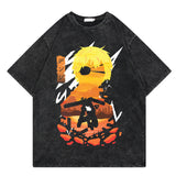 Washed retro T-shirt, chainsaw man cartoon print casual short sleeves