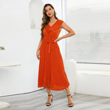 Women Date Dress Chiffon Pleated Dress Slim Fit Elegant Solid Color V-neck Dress