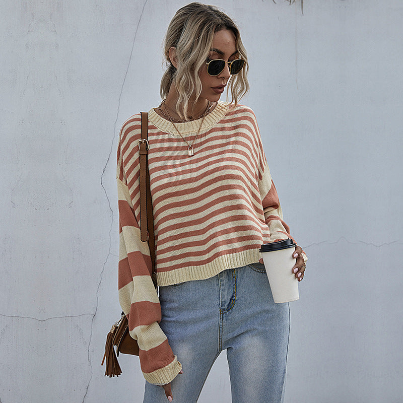 Women Knitted Sweater Striped round Neck Loose Knitted Short Sweater for Women