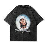 Men T Shirt Washed Vintage Portrait Printing Short Sleeve T-shirt
