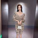 Women Maxi Dress Autumn and Winter V-neck Knitted Dress Package Hip Sweater Dress