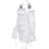 Women Dresses Autumn Winter Sexy off-the-Shoulder Lantern Sleeve Ruffle Hip Dress (Bla0420)
