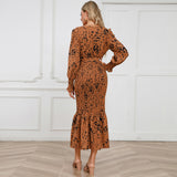 Women Date Dress Long Dress Leopard Print V-neck Belt Printed Fishtail Skirt