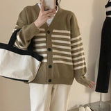 Women Knitwear Autumn and Winter Stripes V-neck Sweater Coat Loose Knitted Cardigan