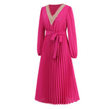 Women Date Dress Autumn and Winter V-neck Lace Pleated Lace-up Long Dress