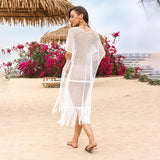 Women Knit Beach Cover Blouse V-neck Tassel Split Hollow out Bikini Swimsuit Sun Protection Shirt