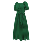 Women Date Dress Summer V-neck Puff Sleeve Lace-up Pleated Dress