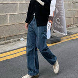 MIJKO Men's Vintage Pants MIJKO Trousers Men's and Women's Straight Washed Blue Old Jeans
