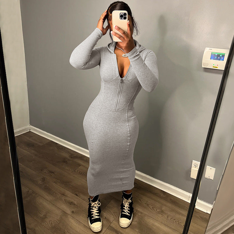 Women Dresses Winter Sexy Zipper Hooded Long Sleeve Dress