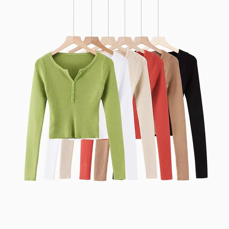 Women Sweater Knitwear Fall V-neck Slim Fit Short Midriff-Baring Sweater Bottoming Shirt