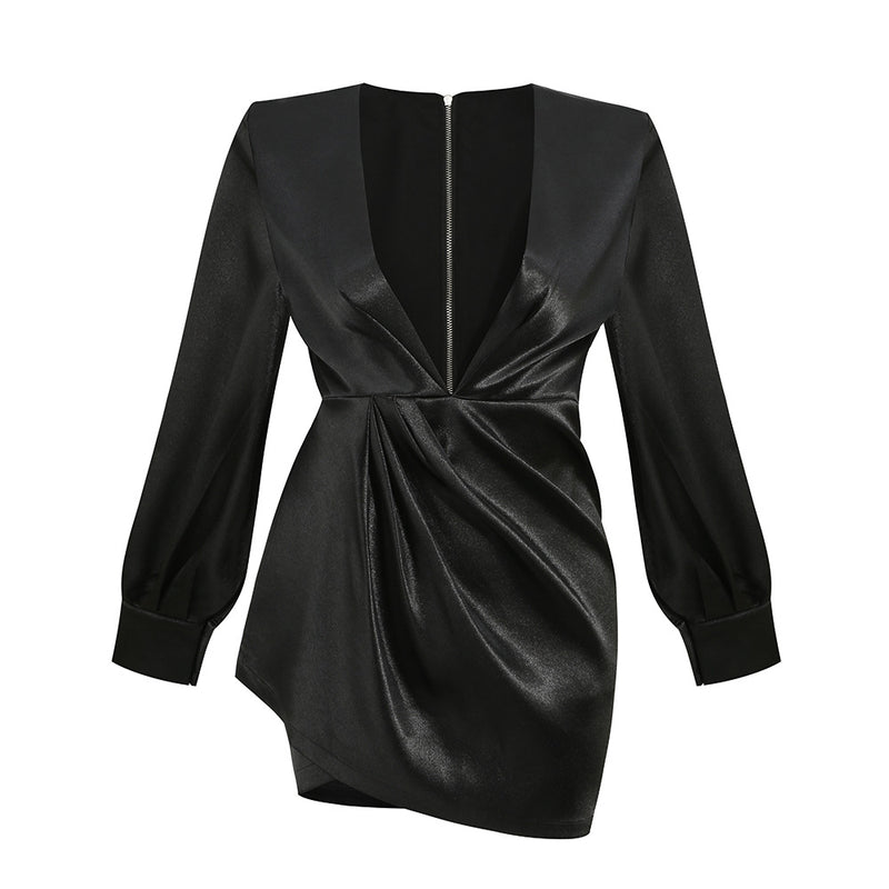 Women Dresses Sexy Deep V-neck Long-Sleeve Dress Puff Sleeve Skirt (Zns0409)