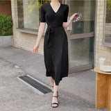 Women Dresses V-neck Lace-up Short Sleeve Dress Sexy