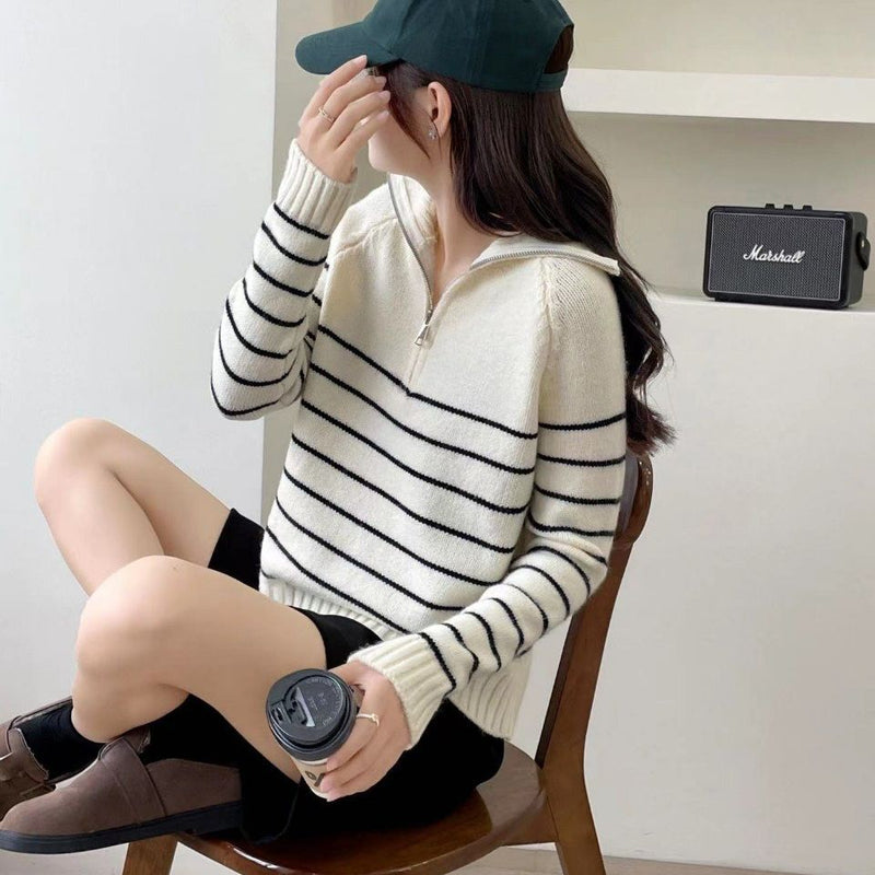 Women Knitted Pullover Vintage Zipper Spring and Autumn Polo Collar Stripes Knitted Top