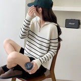Women Knitted Pullover Vintage Zipper Spring and Autumn Polo Collar Stripes Knitted Top