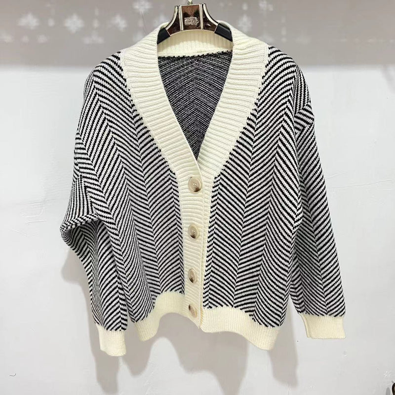 Women Knitted Cardigan Vintage Knitted Cardigan Autumn and Winter Striped Baggy Coat