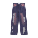 Men Jeans Ripped Wide-Legged Straight Jeans Retro Trousers
