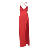 Women Dresses Spring Sexy V-neck Backless Self-Tie Slit Dress