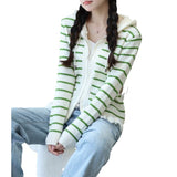Women Knitwear Autumn and Winter Striped Hooded Sweater Tassel Knitted Cardigan