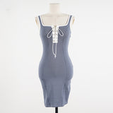 Women Dresses Summer Green Square Collar V-neck Sleeveless Vest Skirt Skirt