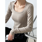 Women T Shirt off-Shoulder Autumn Big U-Neck Long Sleeve T-shirt