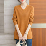 Women Knitwear Autumn and Winter V-neck Mid-Length Knitwear Loose Sweater