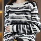 Women Knitwear Autumn and Winter round Neck Striped Sweater Loose Sweater