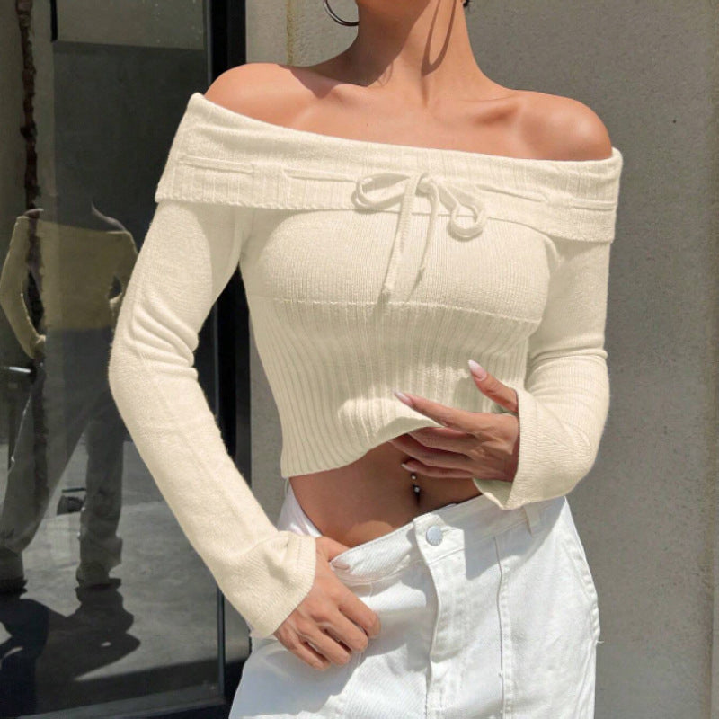 Women Knitted Sweater Bow Bandage Slim-Fit Long-Sleeved Knitted Sweater