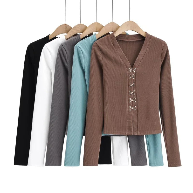Women Sweater Knit Wear Spring V-neck Hook Breasted Cardigan Sweater