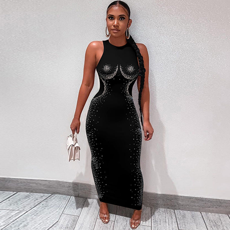 Women Dresses Autumn Sexy Rhinestone Slim Sleeveless Dress