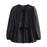 Women Tops Summer Puff Sleeve Bow Lace-up Shirt Mid-Length Top