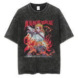 2024Harajuku Streetwear Black Washed T-Shirt Anime Graphic