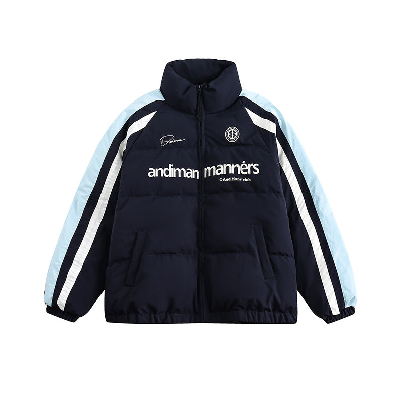 Unisex Winter Cotton Coat Letter Printed Hooded Cotton-Padded Coat Vintage Loose and Warm Cotton-Padded Coat