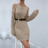 Women Knitted Sweater Spring and Autumn Hollow out Shoulder-Baring Long Sleeve Pullover Woolen Skirt