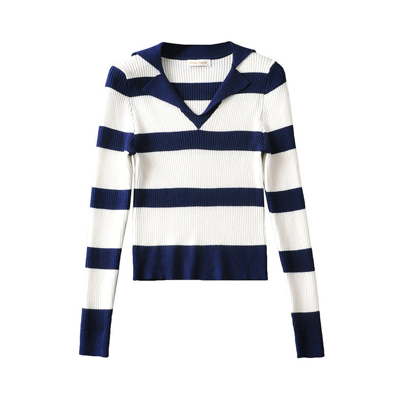 Women Sweater Knitwear Spring and Autumn Lapel V-neck Contrast Color Striped Slim-Fit Long-Sleeved Sweater Sweater