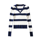 Women Sweater Knitwear Spring and Autumn Lapel V-neck Contrast Color Striped Slim-Fit Long-Sleeved Sweater Sweater