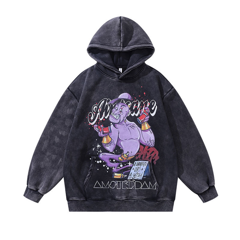 Men Hoodie Hip Hop Cartoon Hooded Sweatshirt Loose Washed-out Couple Hoodies