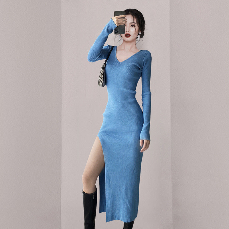 Women Maxi Dress Autumn and Winter V-neck Long Sleeve Slim Knit Dress