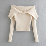 Women Sweater Knitwear Lapel Sweater Autumn Winter Sexy off-the-Shoulder Fold Collar Long Sleeve Sweater