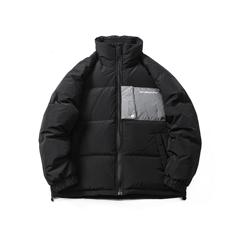 Unisex Winter Cotton Coat Patch Pocket Decorative Stand-up Collar down Jacket Retro Loose down Jacket