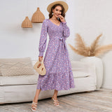 Women Date Dress V-neck Floral Skirt Dress
