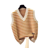 Women Knitted Pullover Autumn and Winter Knitting Female Striped V-neck Loose-Fitting Waistcoat