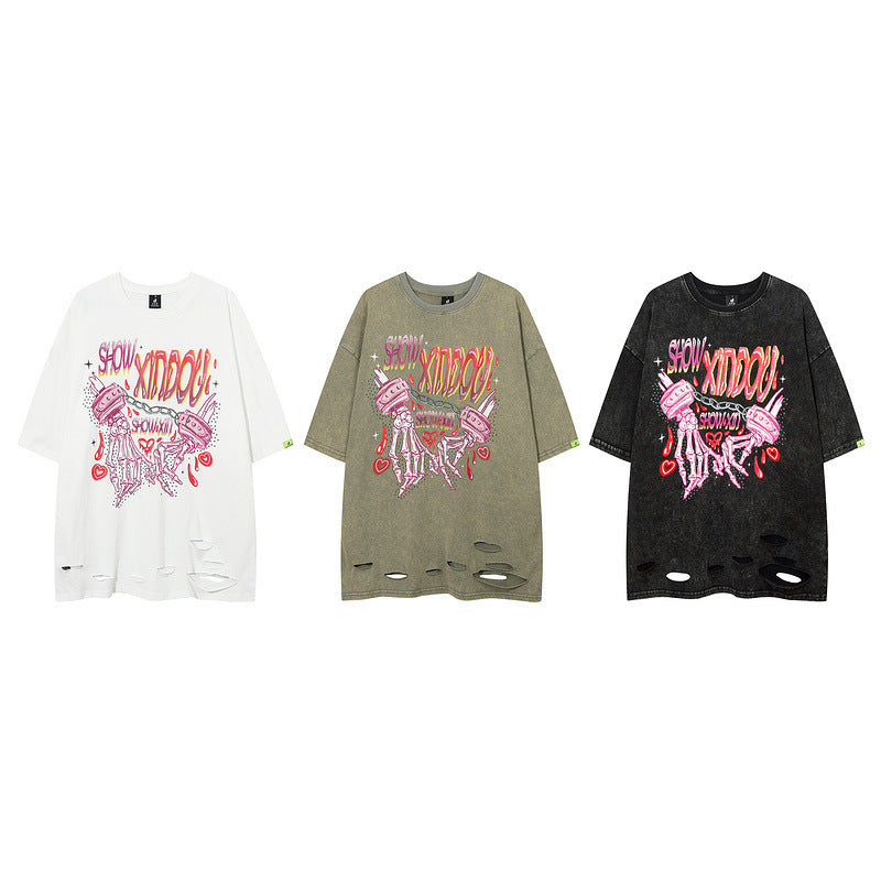 Men T Shirt Hip Hop Letter Graffiti Ripped Short Sleeve T-shirt