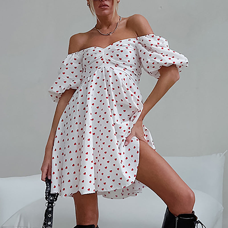 Women Dress Sexy off-Shoulder Heart Printing Dress
