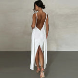 Women Dresses Summer Sexy Deep V-neck Backless Fold Split Dress