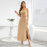 Women Date Dress Sexy Sleeveless V-neck Slit Slim Fit Long Dress