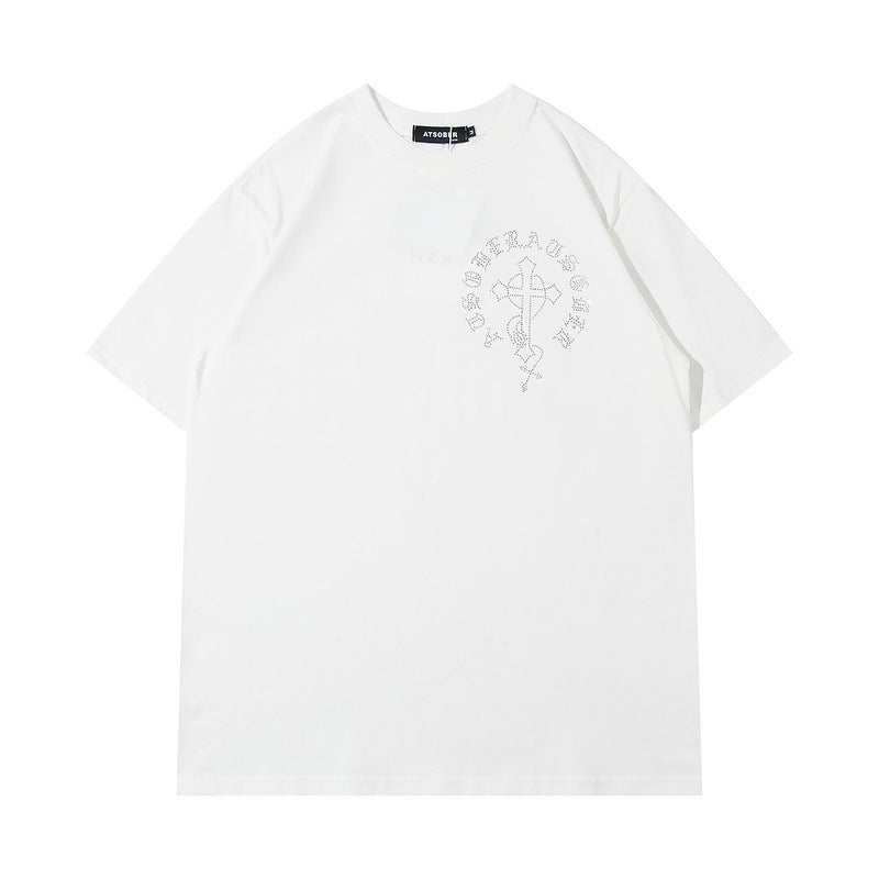 Men T Shirt Cross Letter Stick-on Crystals Couple Short Sleeve T-shirt